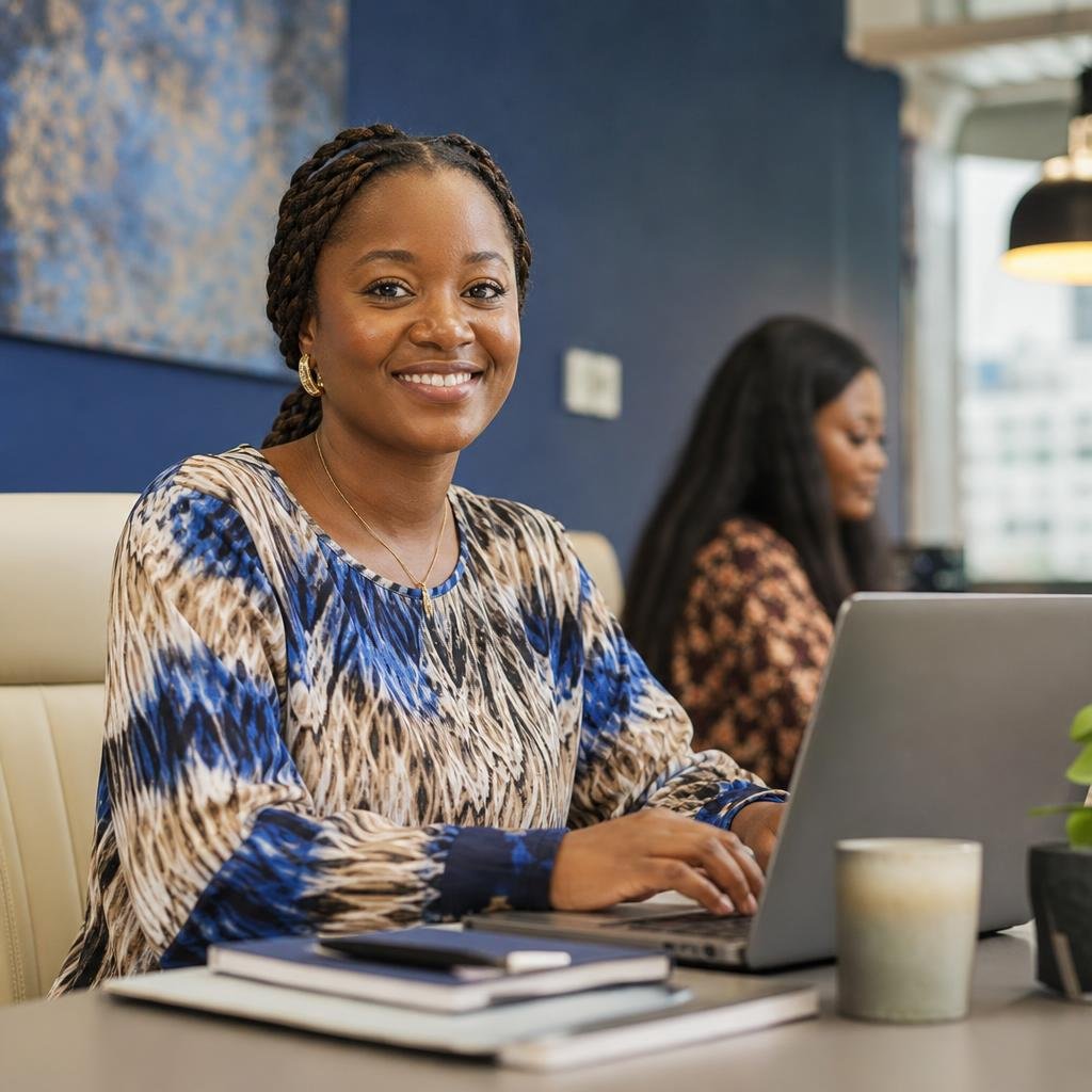 African business owner working at her desk with a colleague