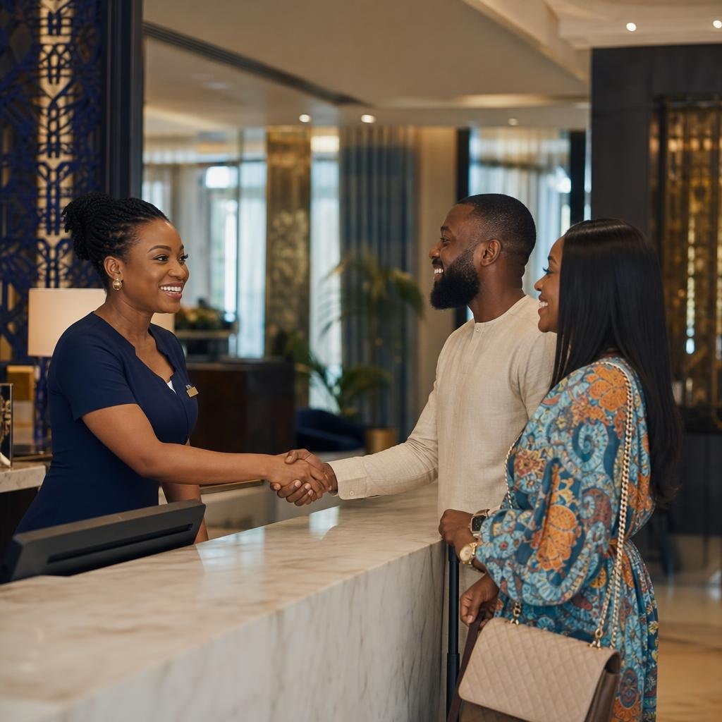 African hotel team welcoming guests
