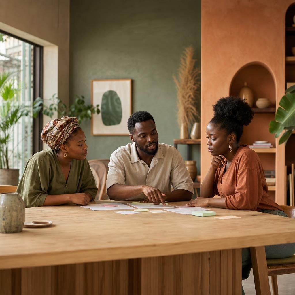 African business owners discussing plans together