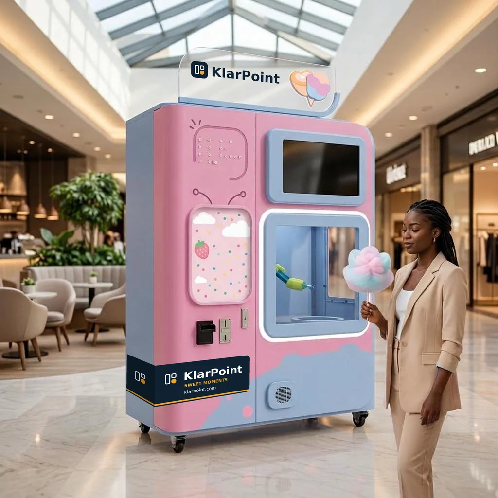 Illustrative shopping mall setting with a KlarPoint-branded pink and blue cotton candy vending machine and a customer holding flower-shaped cotton candy